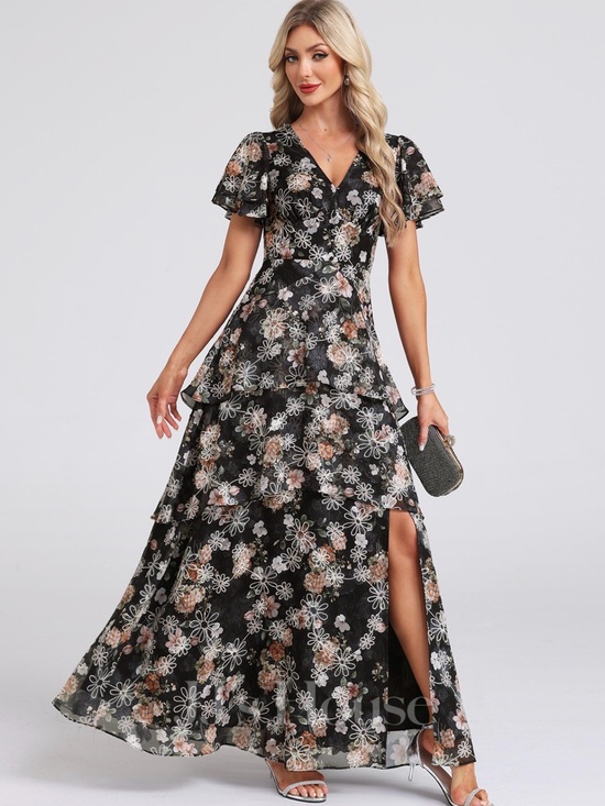JJs House Dresses & Skirts - JJs House Black Maxi Dress with Pink and Cream Floral Lace